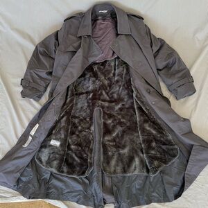 Vintage Oleg Cassini Men's Dark Gray Trench Coat with Faux Fur Lining